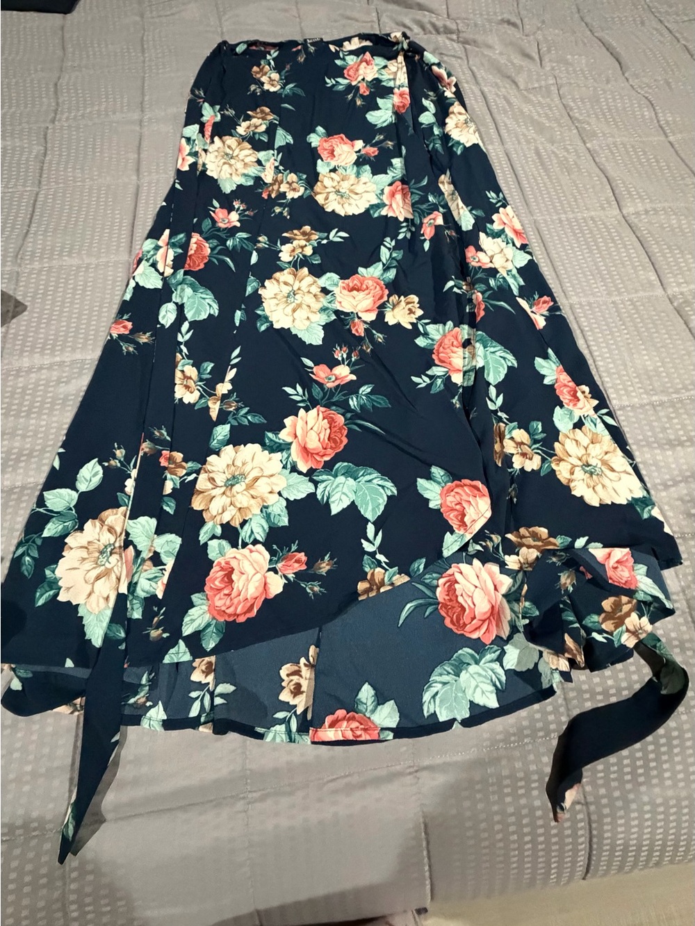 bobeau Navy Floral Wrap Maxi Skirt with Coral & Cream Blooms